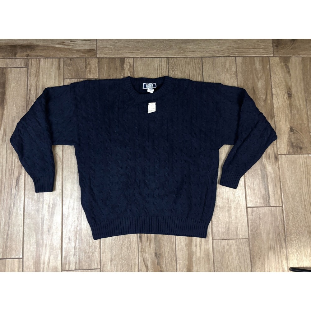 Vintage 90s Sutter & Grant Cable Knit Sweater Navy‎ Blue Cotton Mens XL NWT